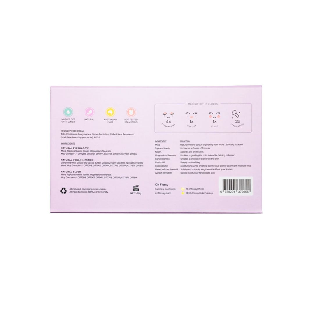 Bagside af rosa gaveæske Sweet Treat med med 4 øjenskygger, 1 blush, 1 læbestift i krukke og 2 applikatorer fra Oh Flossy fås hos Nordic Simply