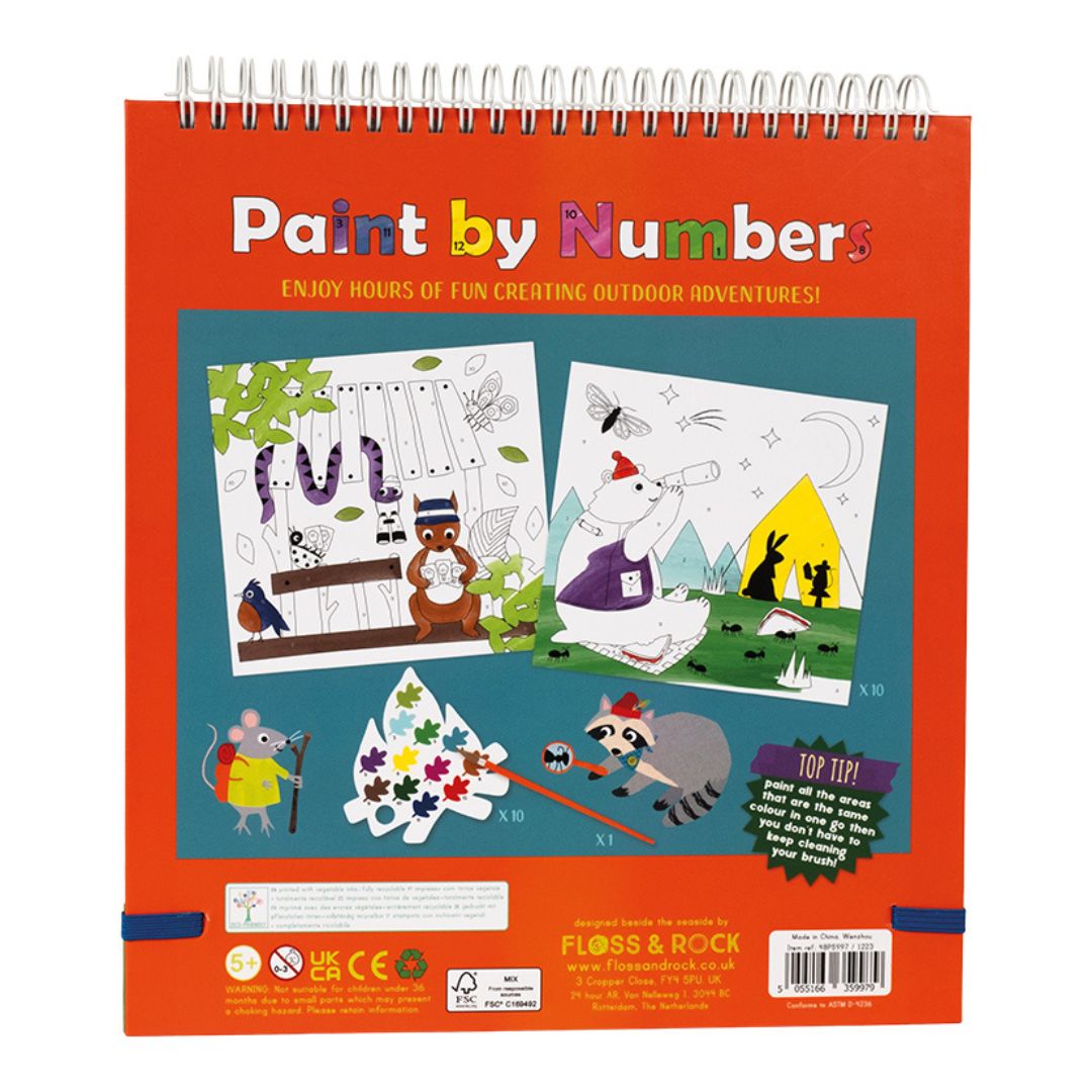 Bagside af mal efter tal malebog med motiver fra camping, til børn fra 5 år, god til kreativ leg og fordybelse på ferie og rejser