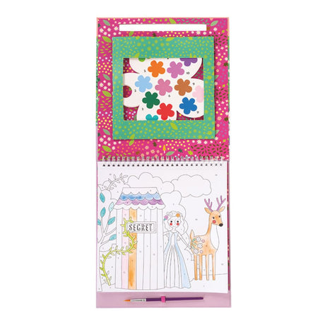 Mal efter tal malebog med eventyr, til børn fra 5 år, god til kreativ leg og fordybelse på ferie og rejser, her set åben