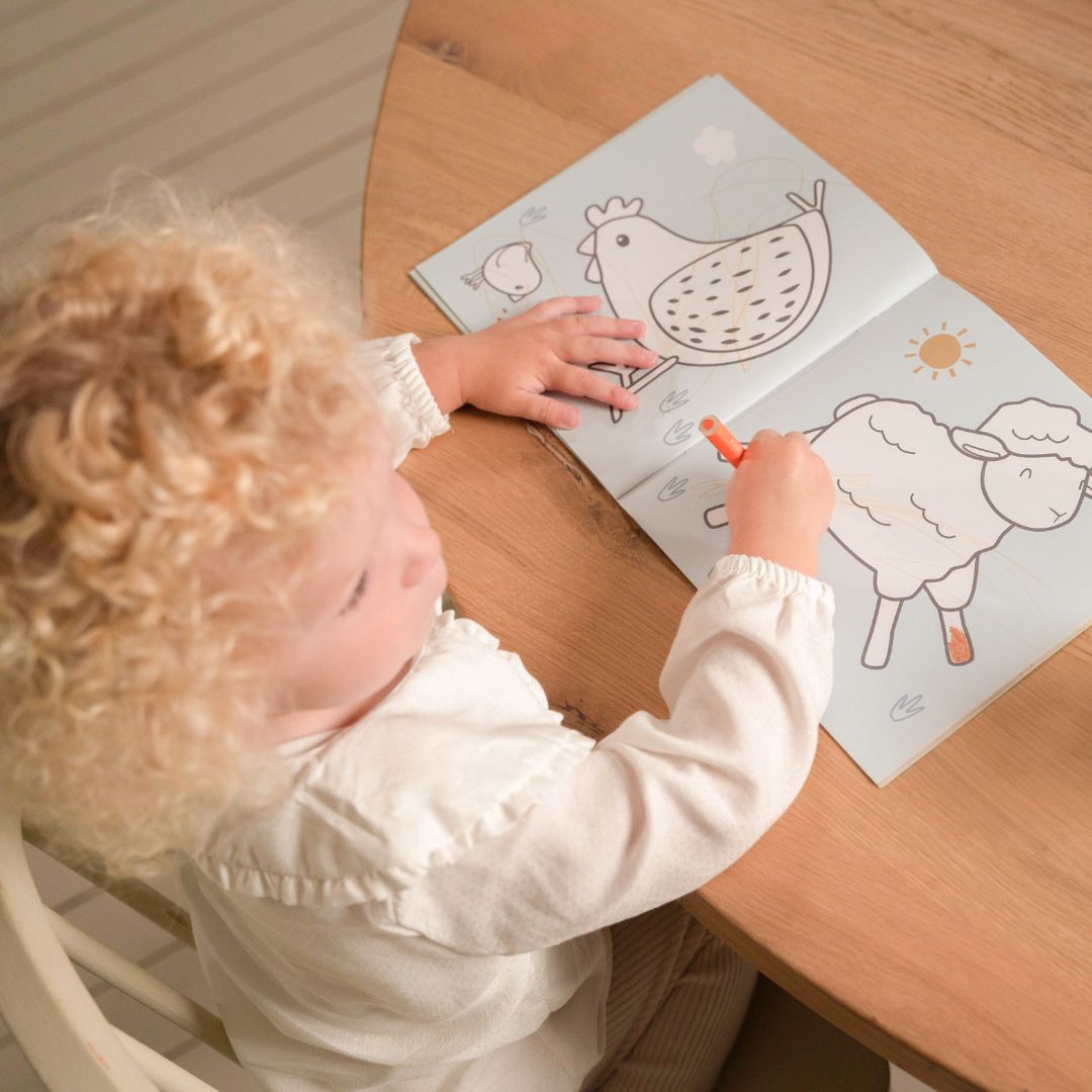 Barn med malebog med motiver af bondegården fra Little Dutch. God fra 2 år og op