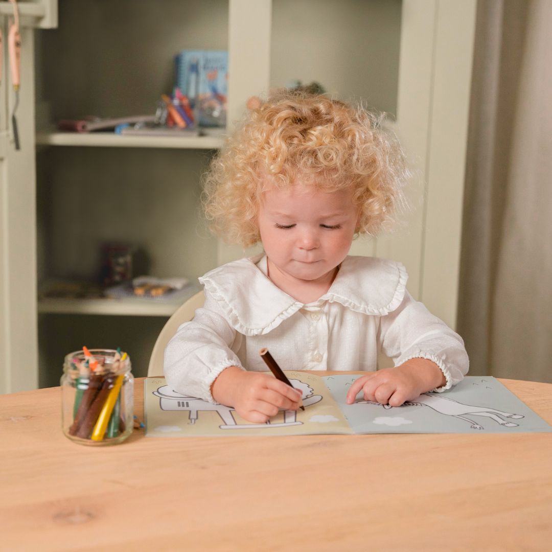 Barn med malebog med motiver af bondegården fra Little Dutch. God fra 2 år og op