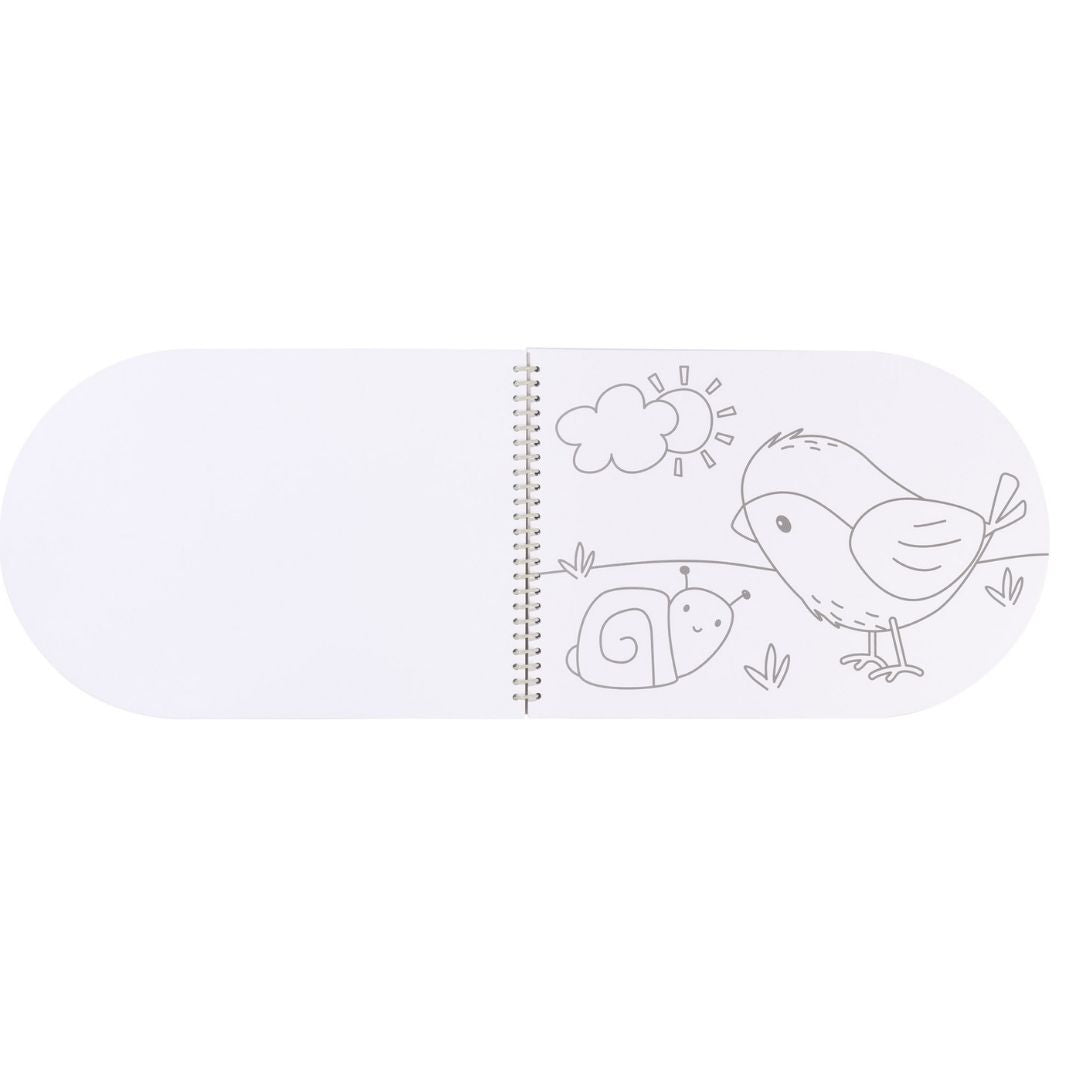 Malebog med dyr, 4 vandfarver og pensel til børn fra Little Dutch, her set slået op på side med snegl og fugl, fås hos Nordic Simply