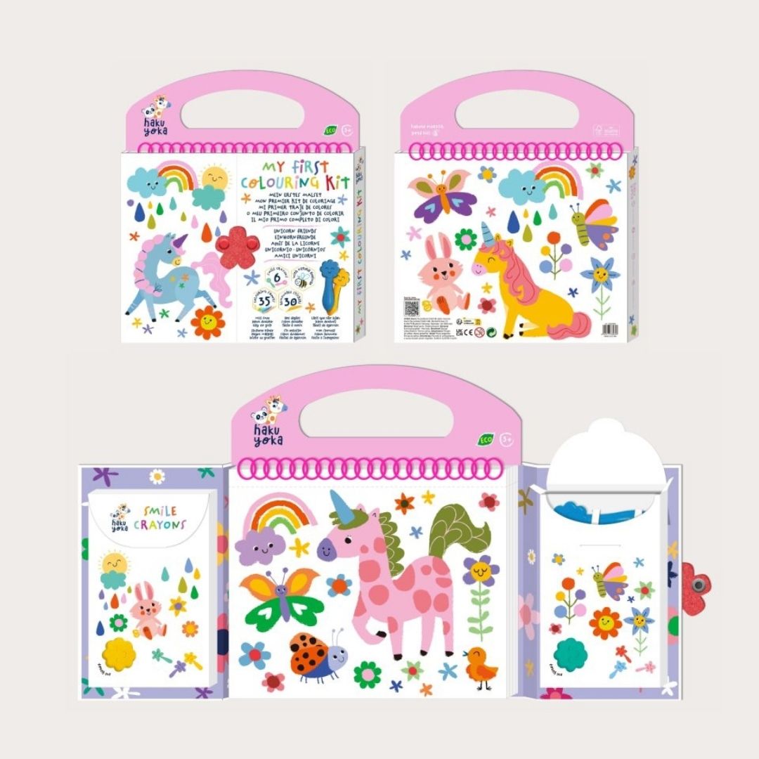 Farverigt malesæt med enhjørning, smilende bivoksfarver og genanvendelige klistermærker fra Haku Yoka hos Nordic Simply