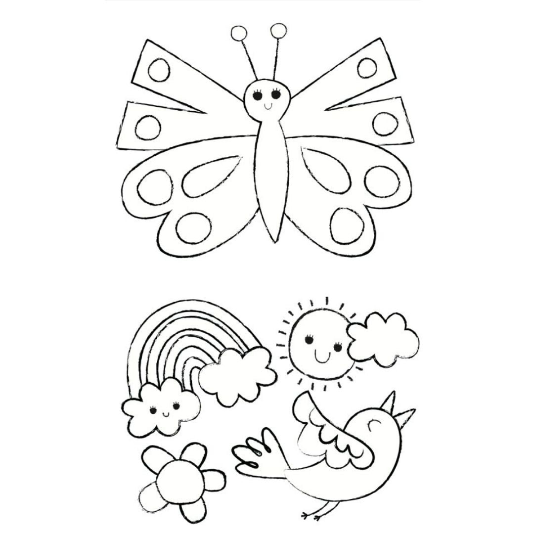 Tegneark med sommerfugl og fugl fra malesæt med enhjørninger i kuffert fra Haky Yoka