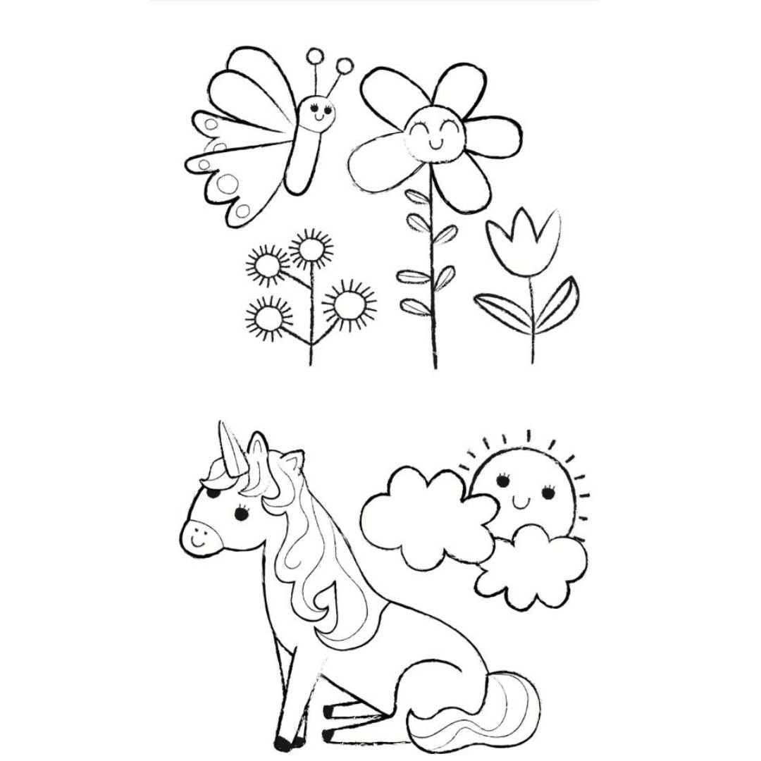 Tegneark med sommerfugl og enhjørning fra malesæt med enhjørninger i kuffert fra Haky Yoka