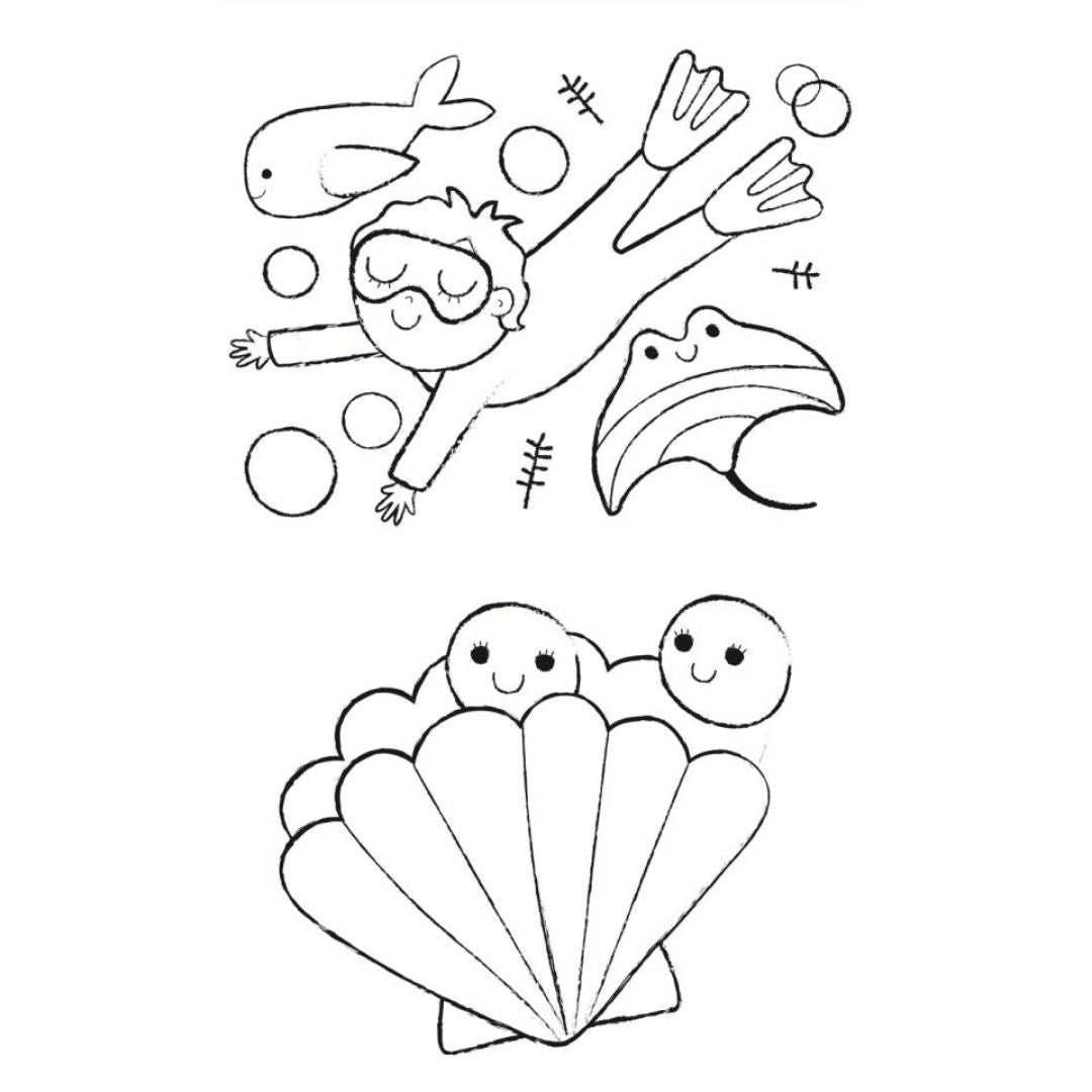 Tegneark med dykker og musling fra malesæt til børn fra 3 år, Haku Yoka hos Nordic Simply