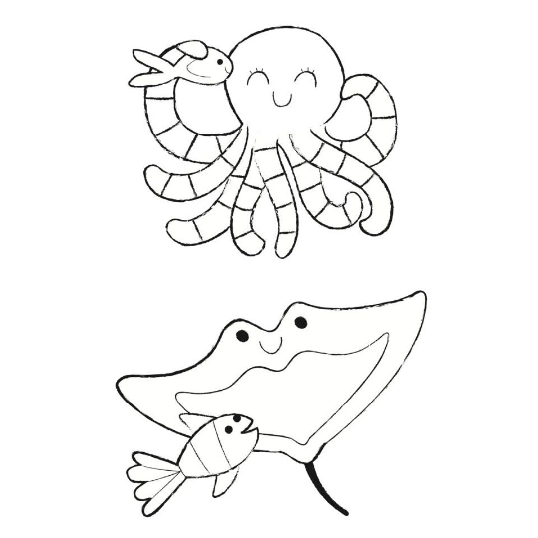 Tegneark med blæksprutte og rokke fra malesæt til børn fra 3 år, Haku Yoka hos Nordic Simply