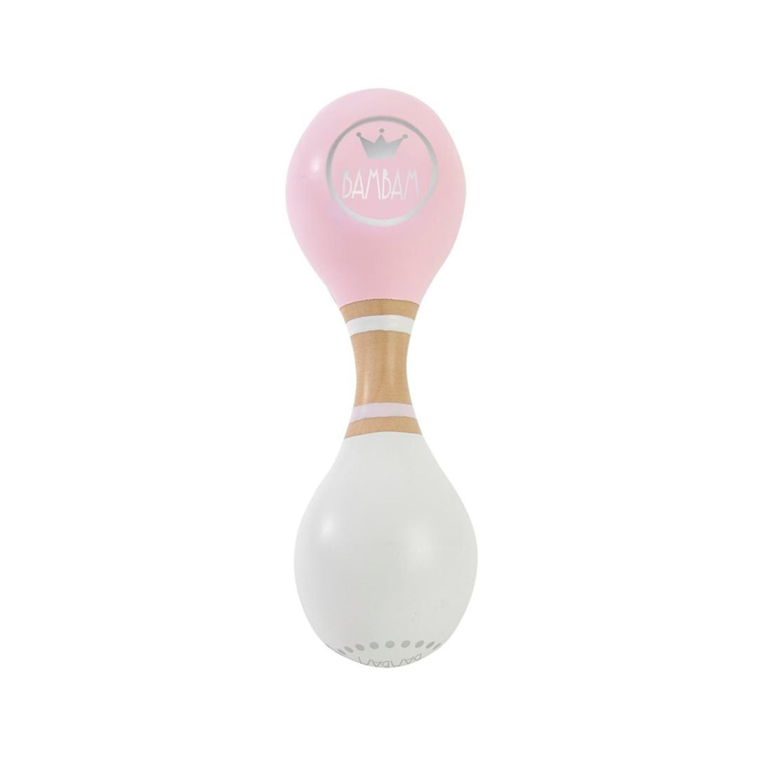 Rosa og hvid maracas i træ fra BamBam med rundt BamBam logo. Dejligt lille instrument til barn fra 18 måneder, fås hos Nordic Simply.