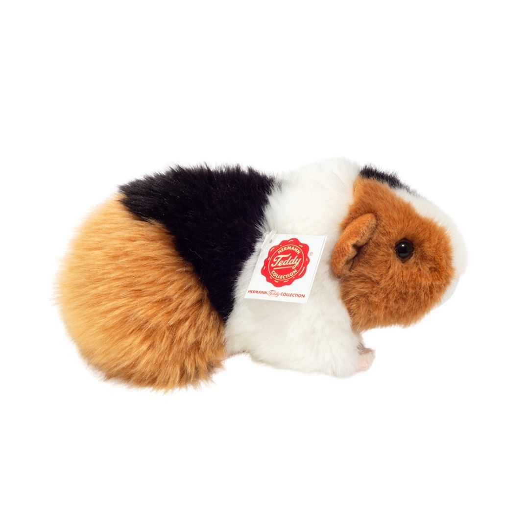 Marsvin bamse trefarvet sort-hvid-rød, set fra siden, ligner ægte marsvin fra Teddy Hermann fås hos Nordic Simply