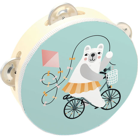 Tambourin i lys pastel med motiv af bjørn fra musiksæt i træ til børn, fra Vilac fås hos Nordic Simply