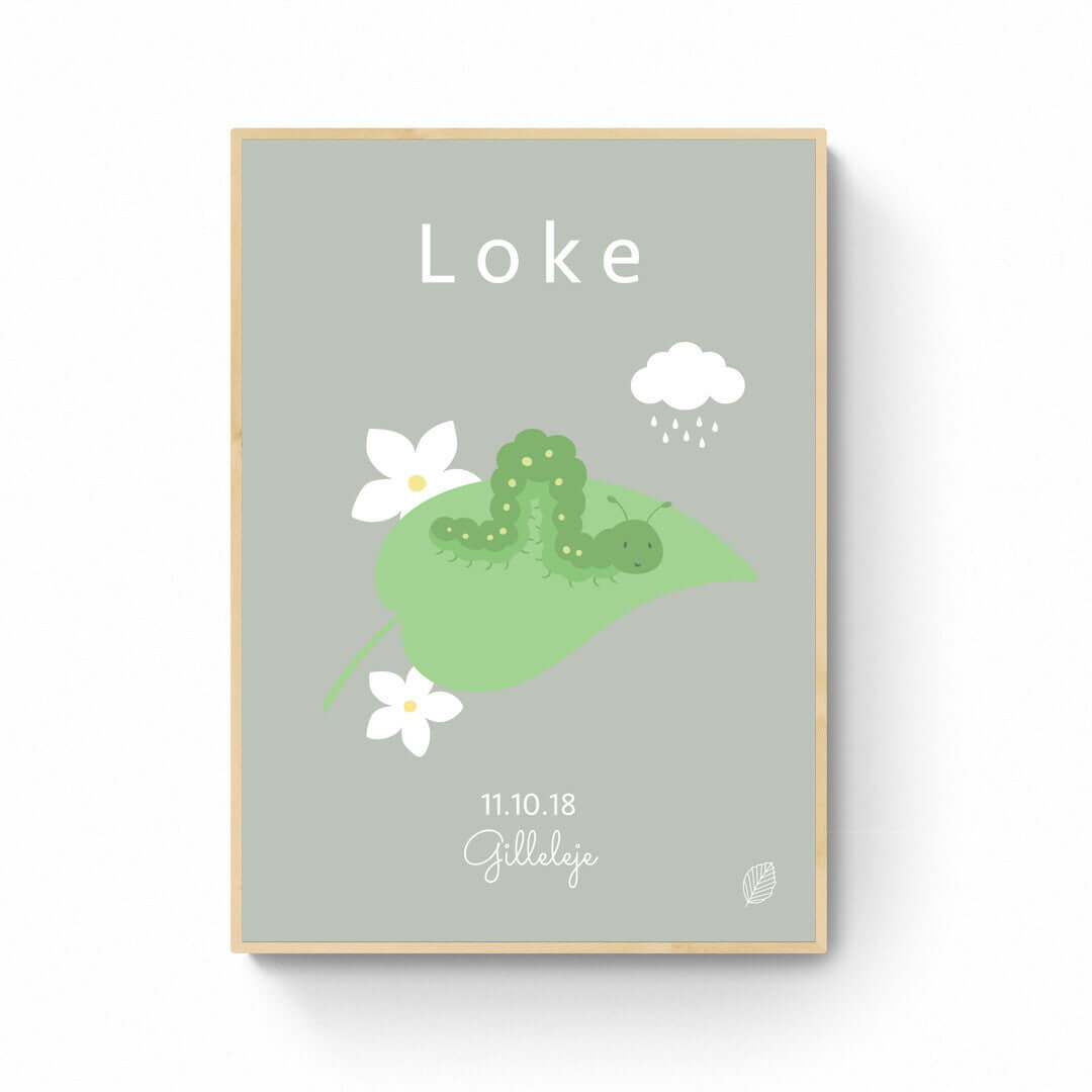 Grøn plakat med illustration af kålorm, personlig plakat til barn med navn, fødselsdato og by fra Nordic Simply