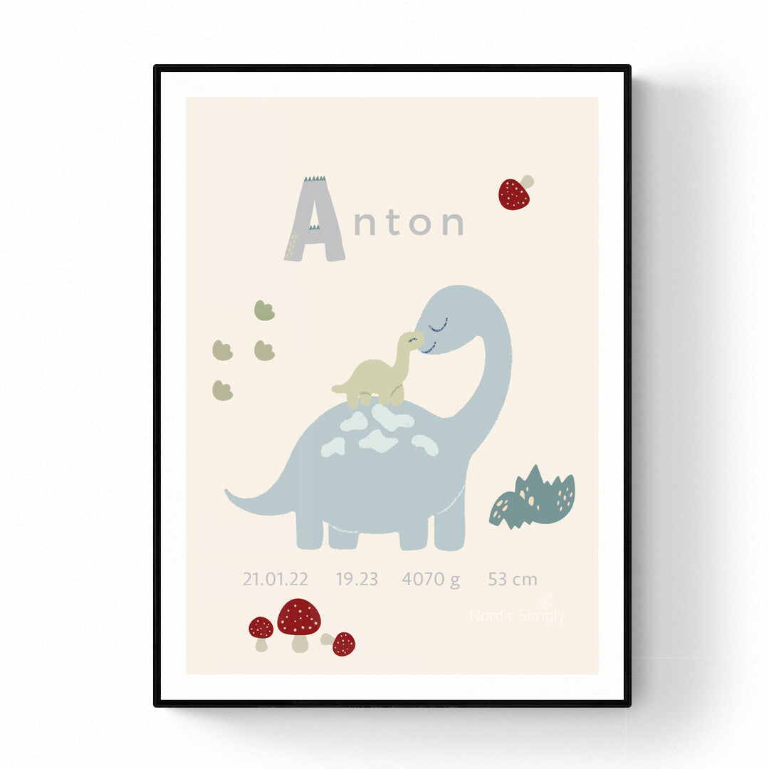 Beige fødselsplakat med blå dino og unge personlig plakat til barn med navn, fødselsdato og detaljer fra Nordic Simply