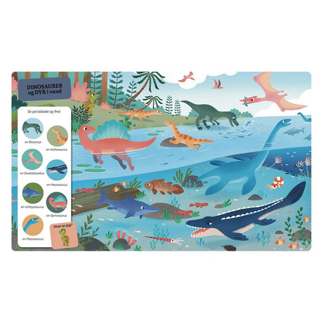 Side fra stor pegebog med dinosauruser her med motiver af dinoer i havet, søg og find dem alle, tykke sider, god til godnatlæsning, fås hos Nordic Simply