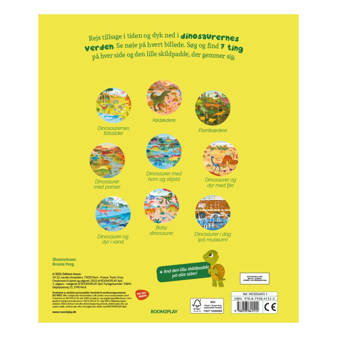 Søg og find bog med dinoer til børn 2-3 år Stor pegebog med tykke sider, god til godnatlæsning, set fra bagsiden, fås hos Nordic Simply