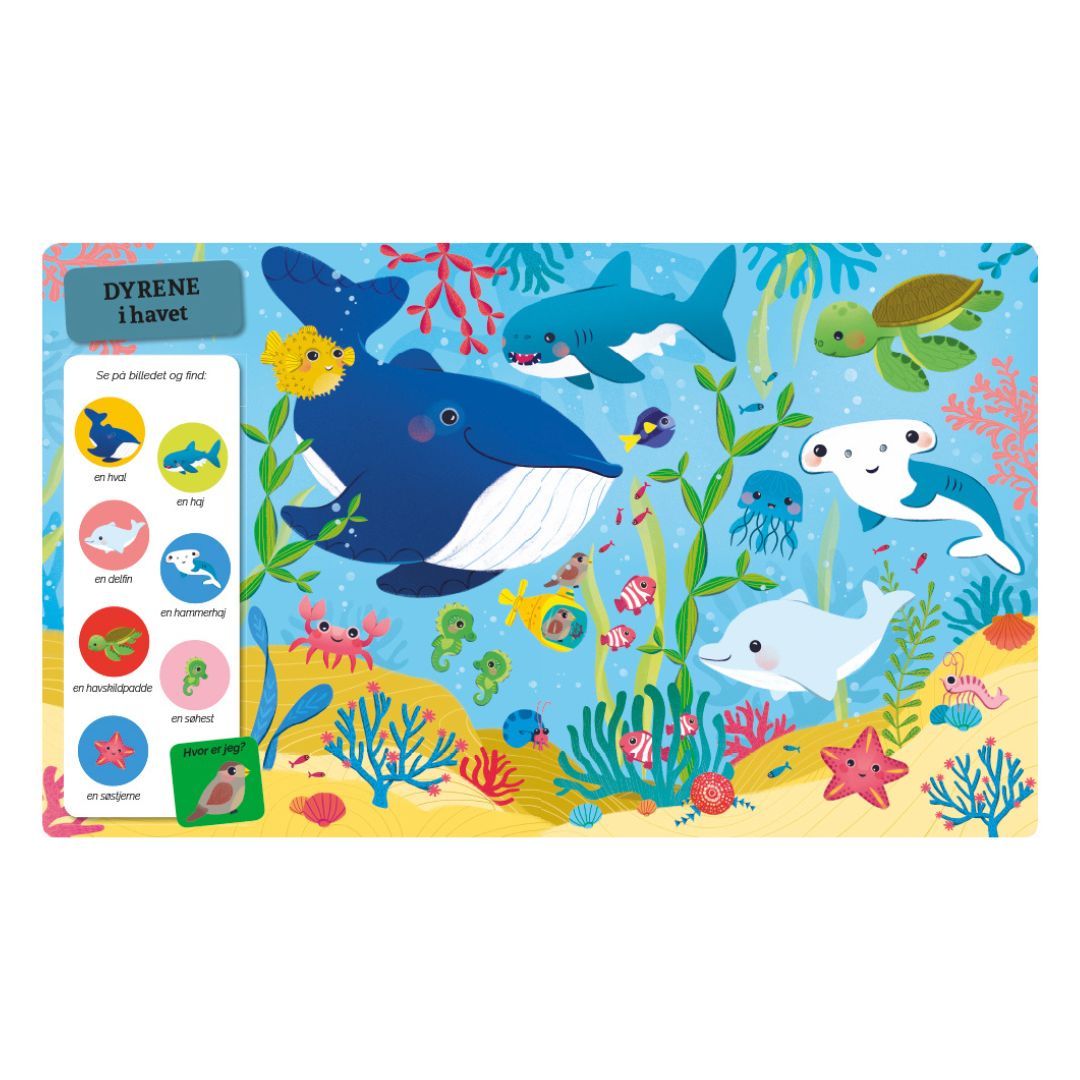 Side fra stor pegebog med dyr, her med motiver fra havet, søg og find hvaler og andre dyr, tykke sider, god til godnatlæsning, fås hos hNordic Simply