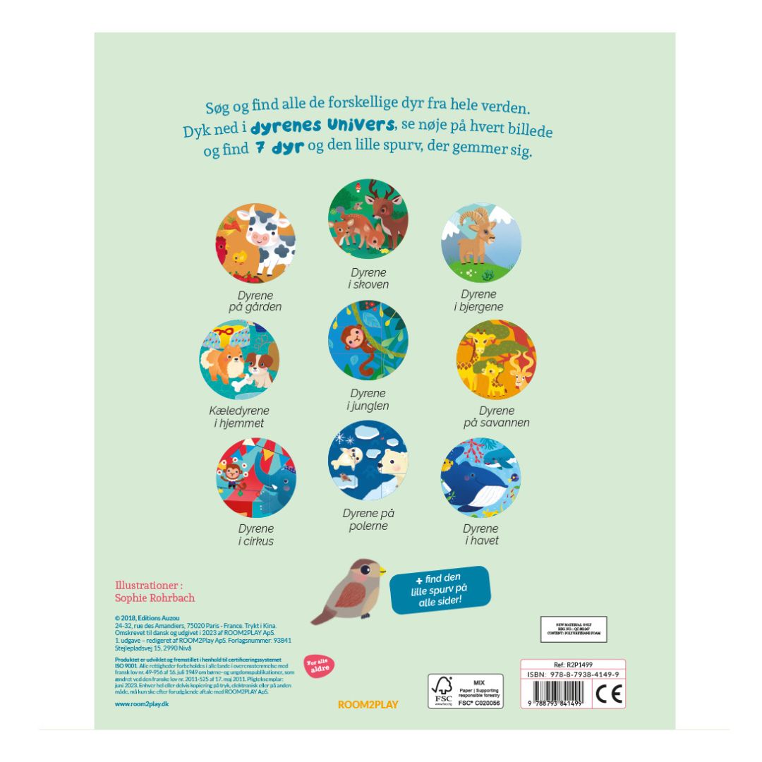 Søg og find bog med dyr til børn 2-3 år Stor pegebog med tykke sider, god til godnatlæsning, set fra bagsiden, fås hos Nordic Simply