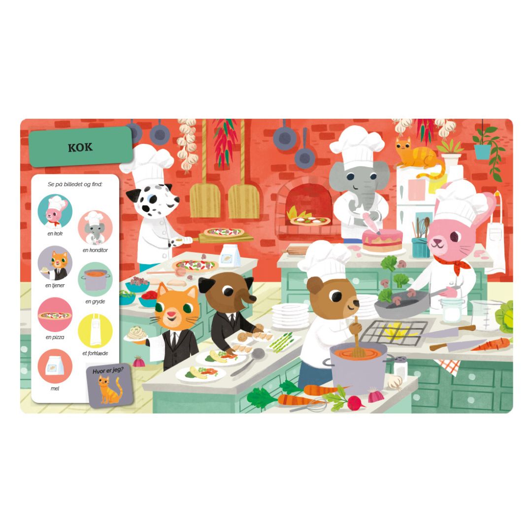 Side fra stor pegebog med arbejdspladser, her med motiver fra arbejdet somk kok, søg og find jobs i køkkenet, tykke sider, god til godnatlæsning, fås hos hNordic Simply