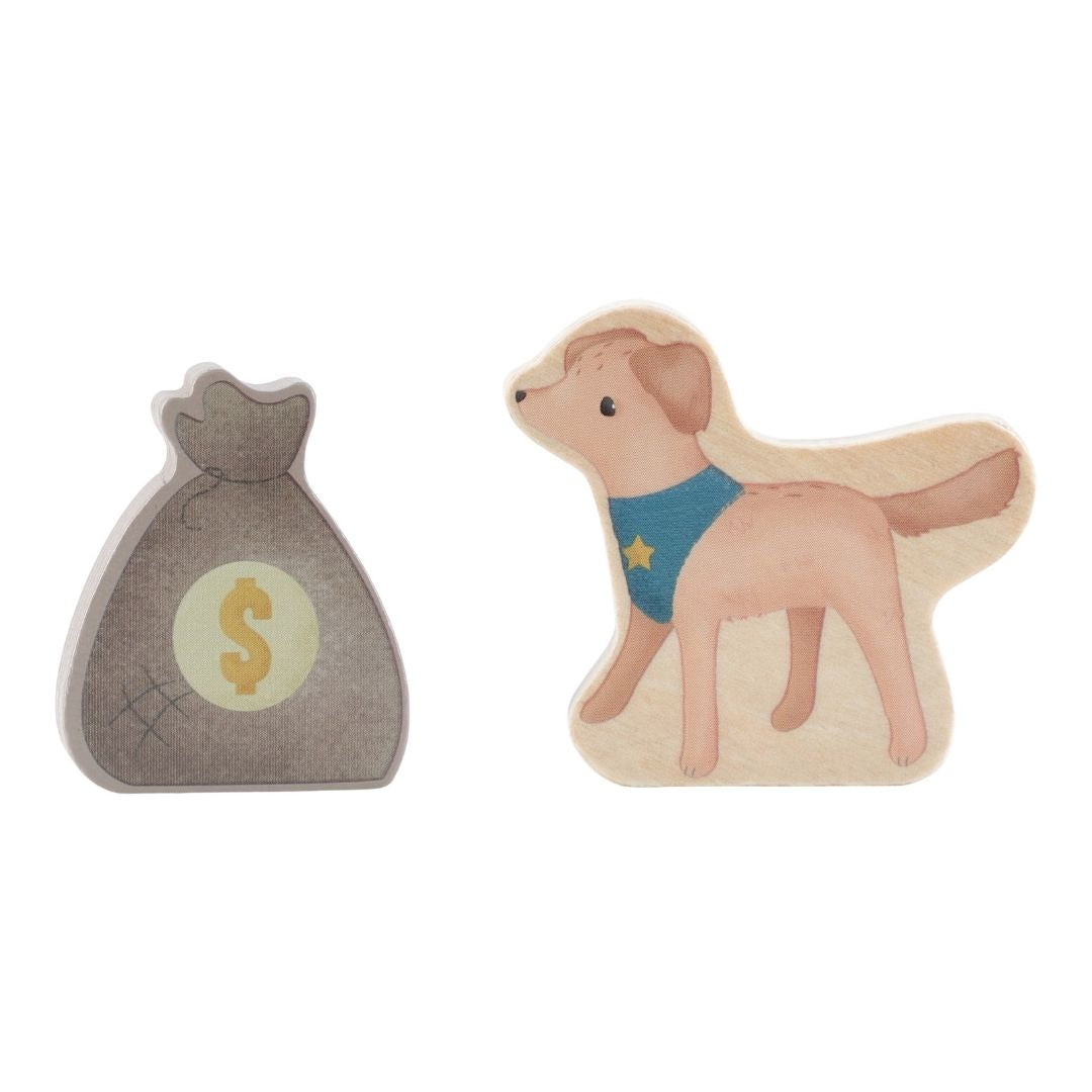 Pengesæk og politihund fra politibil med træfigurer fra Little Dutch i robust træ