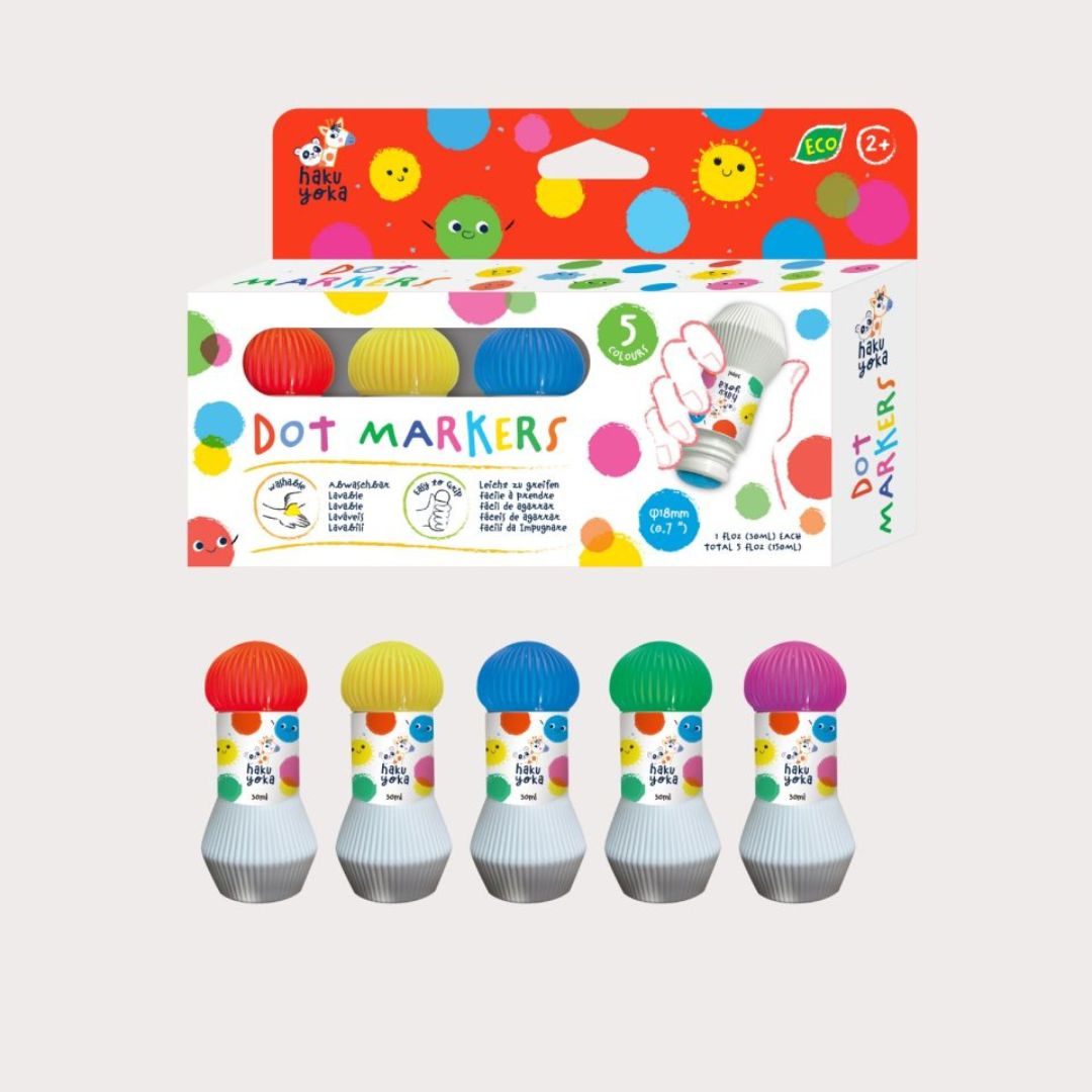 Farverige prikmarkører til kreative projekter, ideelle for børn fra 2 år og op.