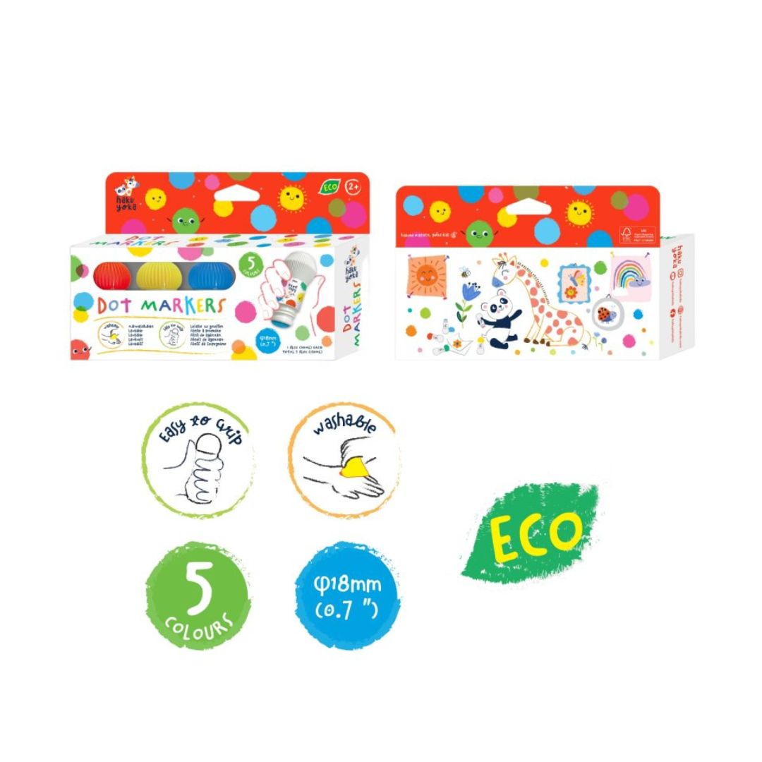 Æske med prikmarkører i 5 klare farver, nemme at bruge til kreativitet fra 2 år og op.