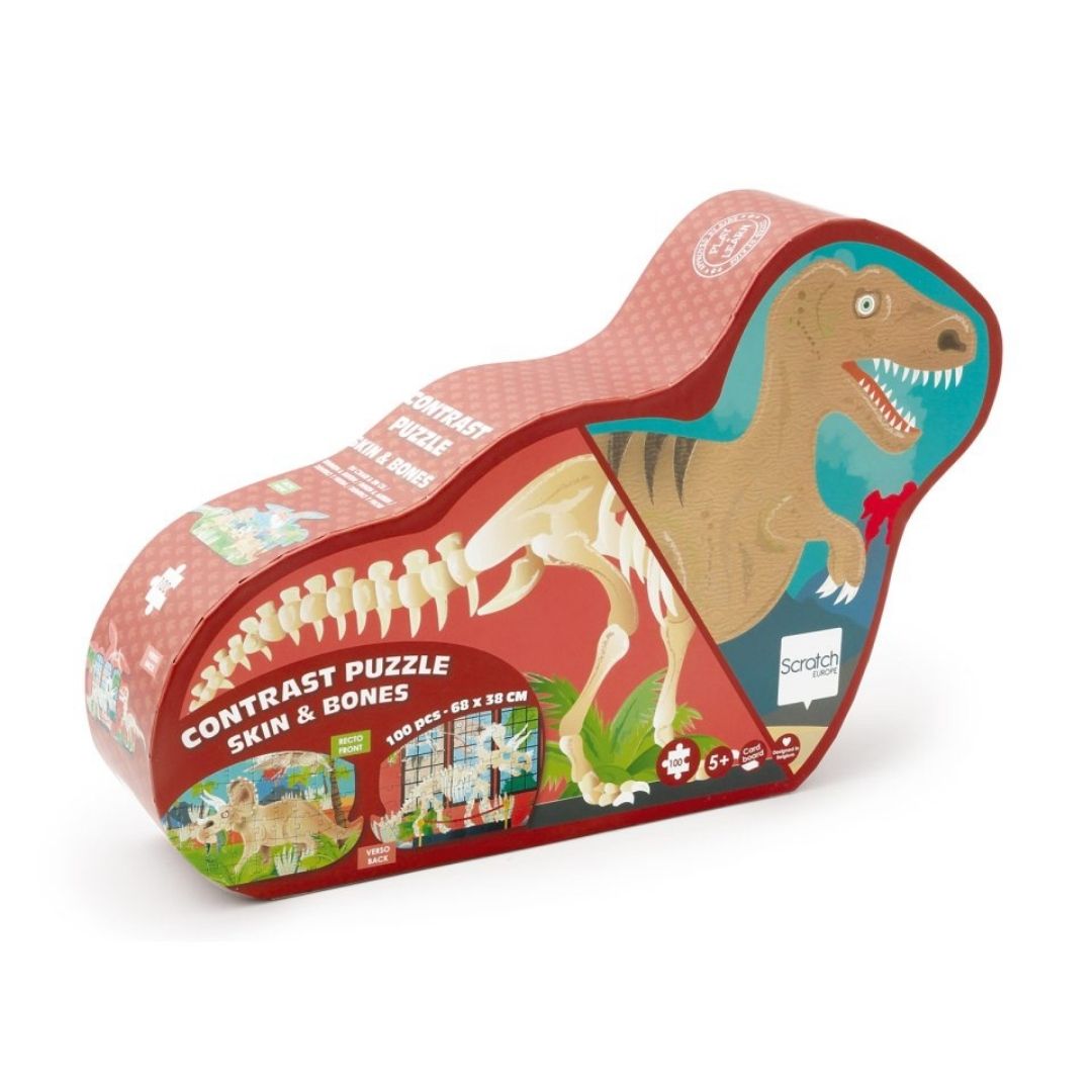 Rød æske formet som en dinosaur med puslespil med dinosaurer til børn fra 5 år, 100 brikker str xl, fra Scratch fås hos Nordic Simply