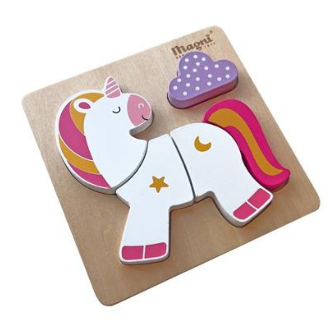 Puslespil i træ FSC til baby med 5 brikker og motiv af enhjørning fra Magni fås hos Nordic Simply