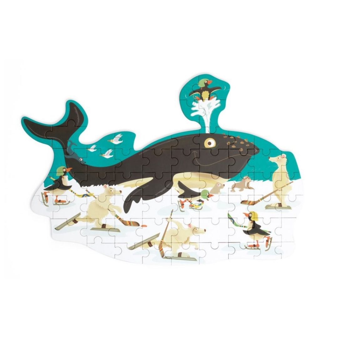 Puslespil med stor hval og isbjørne set på hvid baggrund, 60 brikker til børn fra 4 år, fra Scratch fås hos Nordic Simply