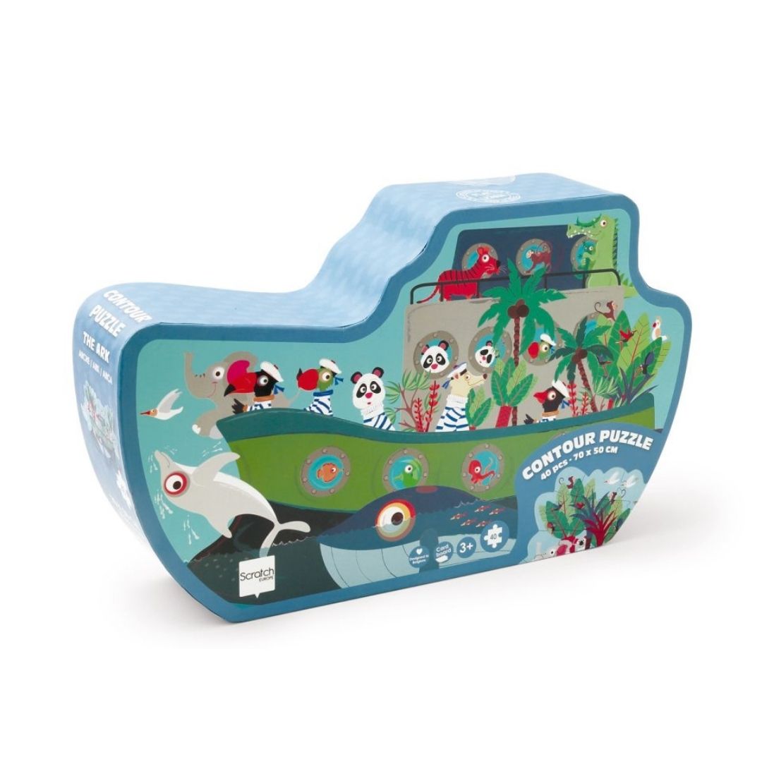 Puslespil i æske formet som skib med Noahs Ark puslespil indeni, 40 brikker til børn fra 3 år og op, fra Scratch fås hos Nordic Simply