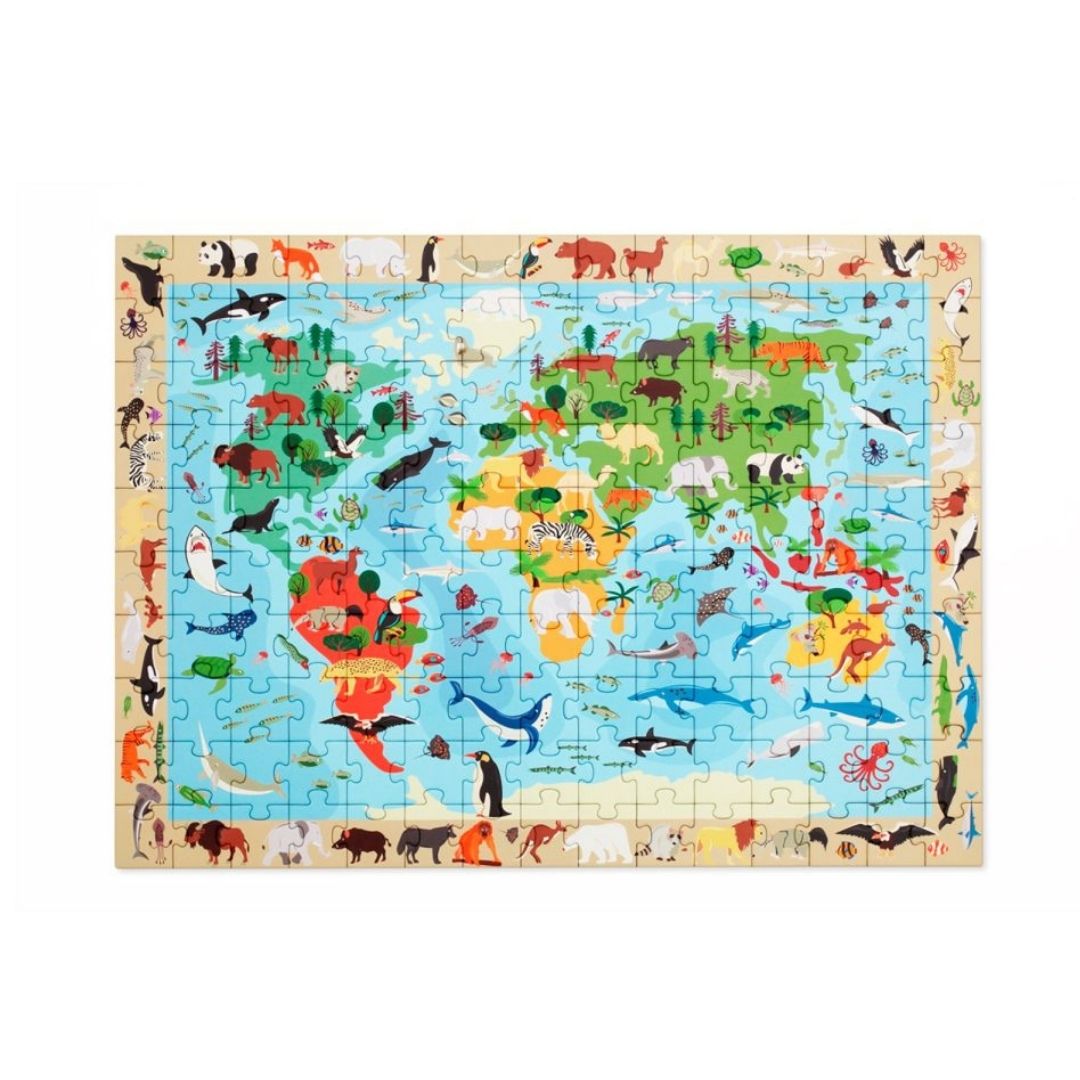 Stort gulv puslespil med verdens lande og dyr til børn fra 6 år fra Scratch fås hos Nordic Simply