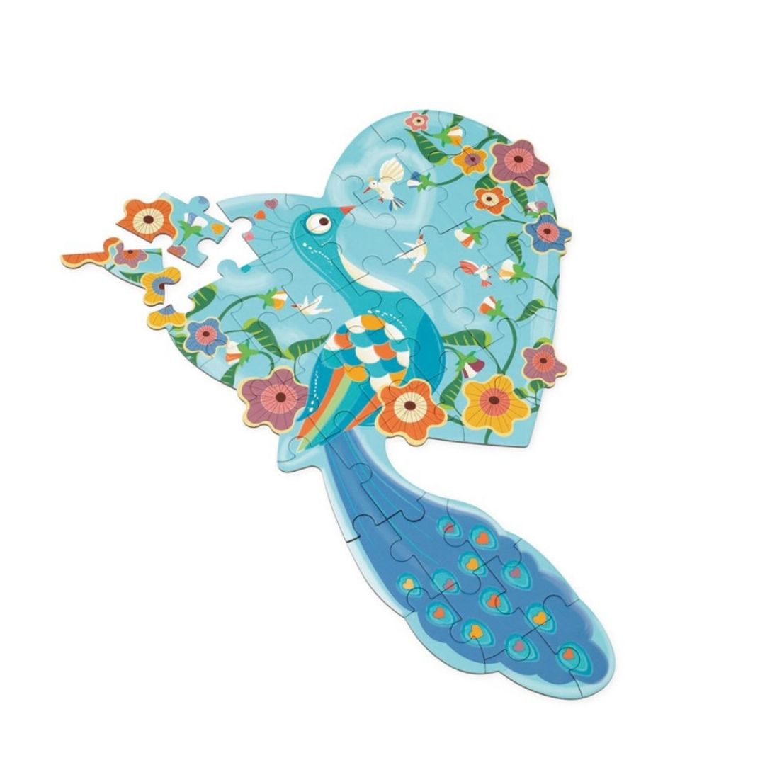Hjerteformet puslespil med stor blå påfugl til børn fra 3 år, fra Scratch fås hos Nordic Simply