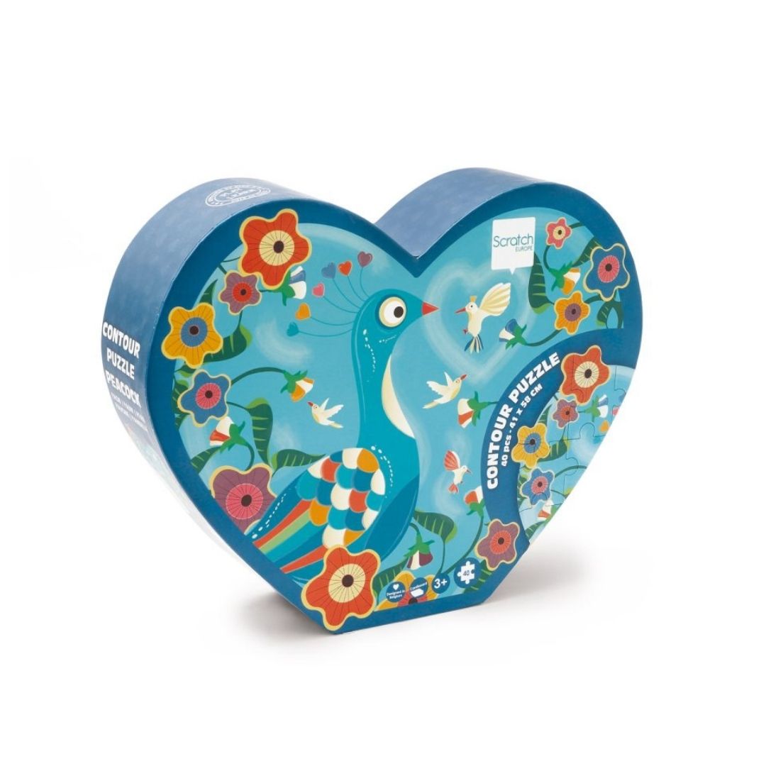 Puslespil i hjerteformet æske med blå påfugl til børn fra 3 år fra Scratch fås hos Nordic Simply