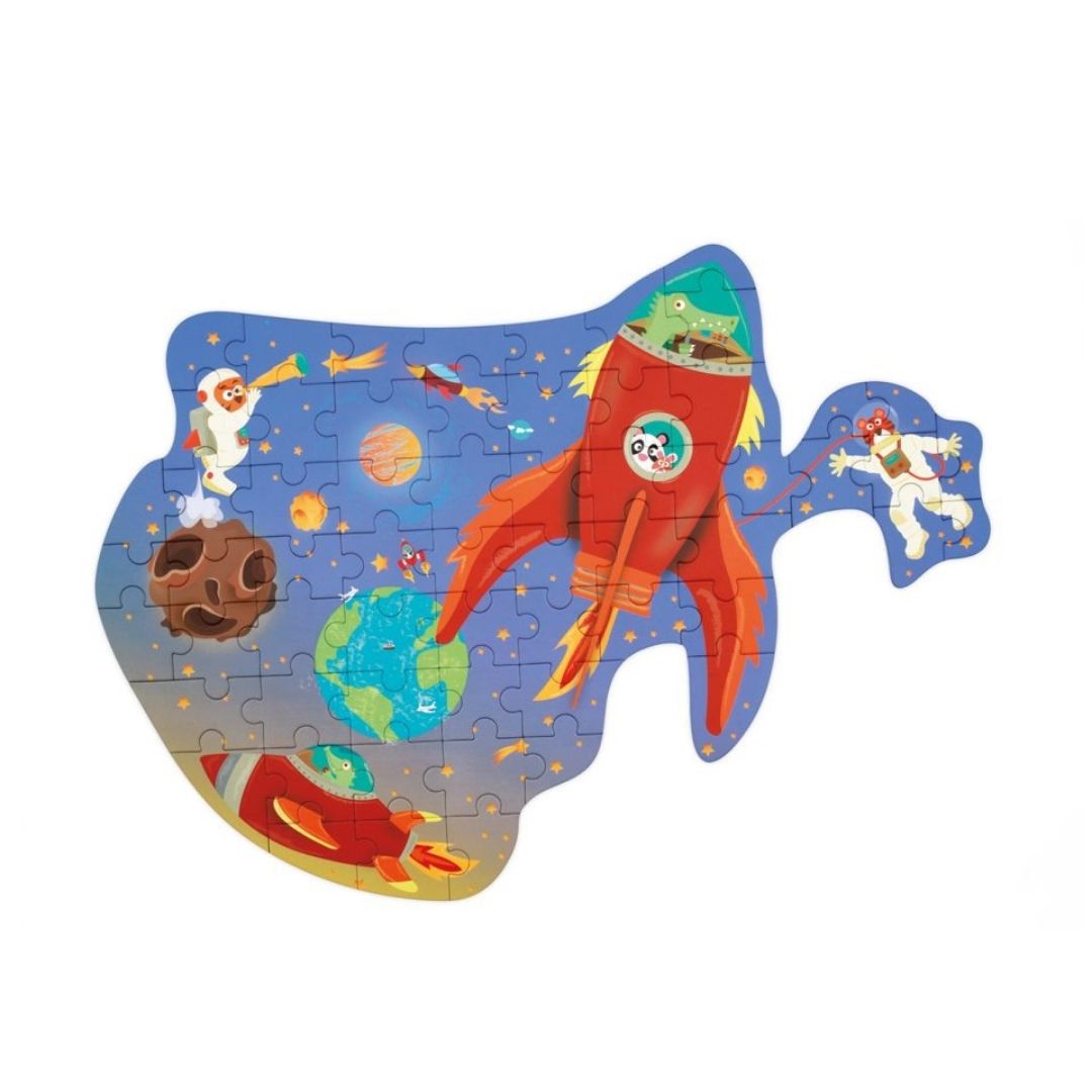 Puslespil med astronaut i rummet og stor rød rumraket til børn fra 4 år og op fra Scratch fås hos Nordic Simply