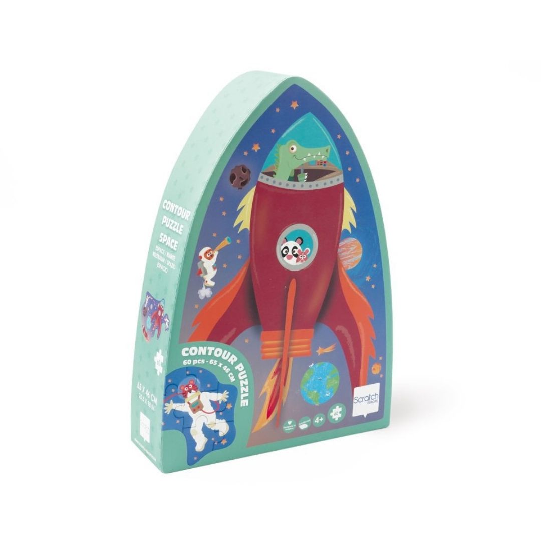 Puslespil med rød rumraket til børn fra 4 år og op fra Scratch fås hos Nordic Simply