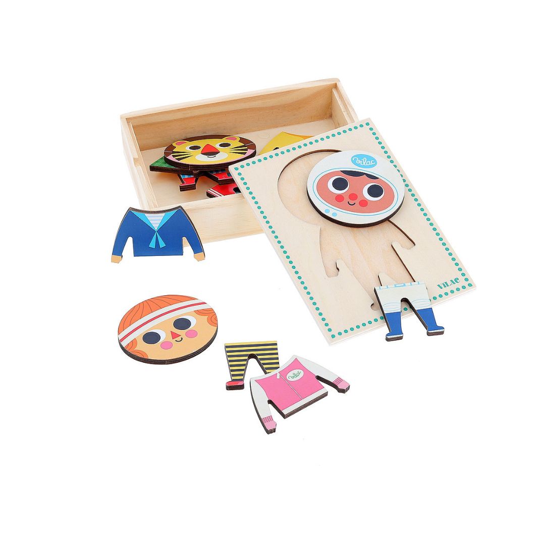 Puslespil i træ, saml et menneske, her drengen Jules, der kan blive til mange forskellige figurer, flot solidt puslespil i trææske til børn fra 2 år og op, fra Vilac fås hos Nordic Simply