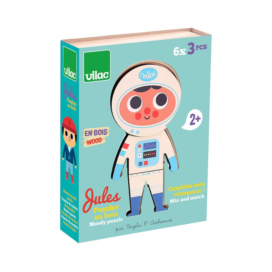 Trææske med menneske-puslespil saml en dreng, flot holdbart begynder puslespil i træ til børn fra 2 år og op, set i indpakning, fra Vilac fås hos Nordic Simply