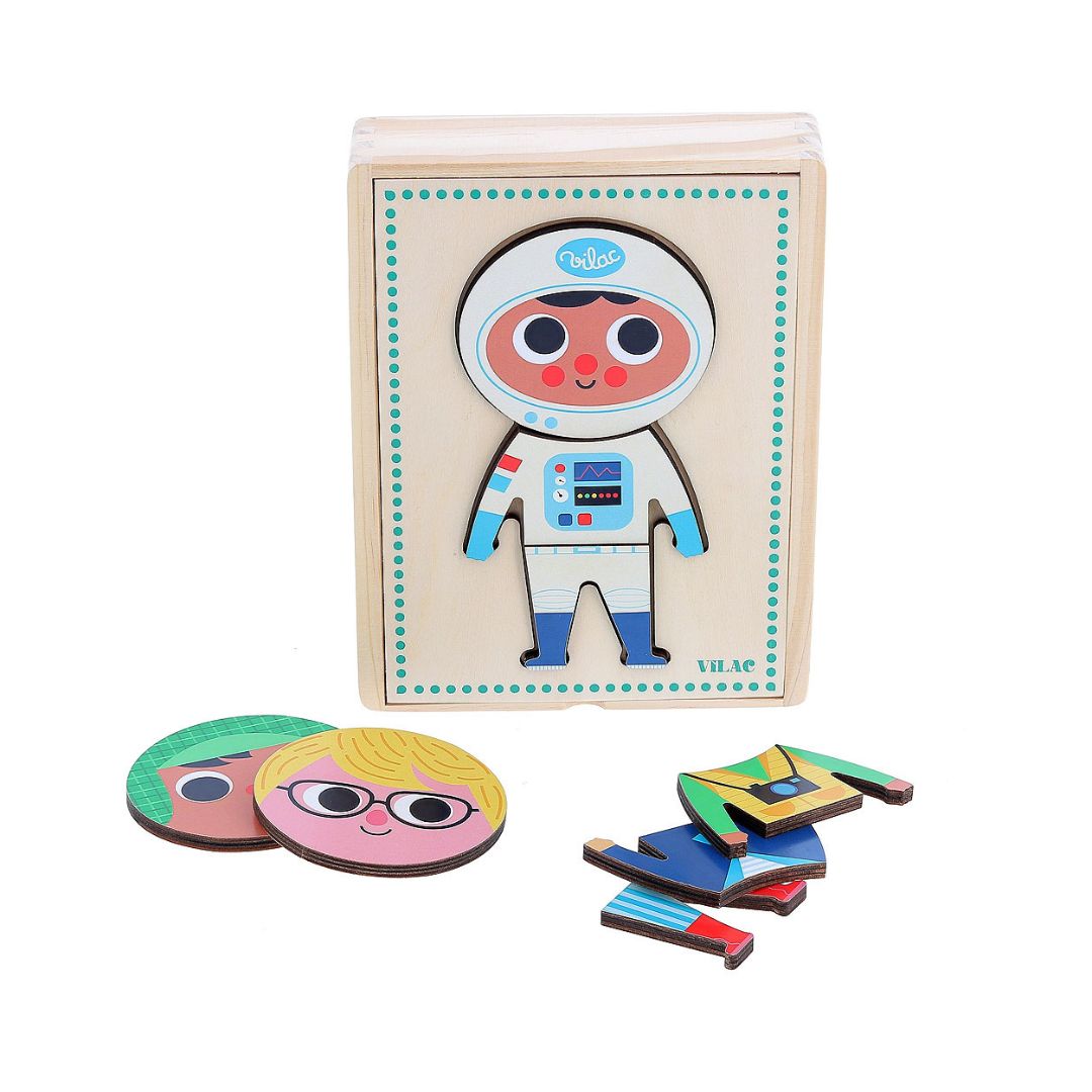 Trææske med menneske-puslespil saml en dreng, flot holdbart begynder puslespil i træ til børn fra 2 år og op, fra Vilac fås hos Nordic Simply