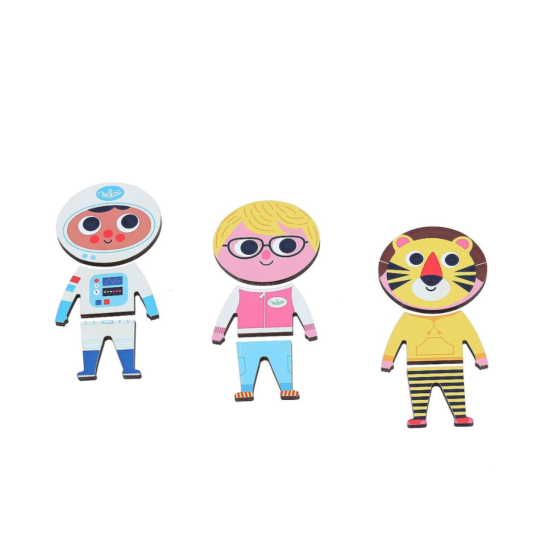 Tre figurer fra puslespil i træ med drengen Jules, flot solidt puslespil i trææske til børn fra 2 år og op, fra Vilac fås hos Nordic Simply