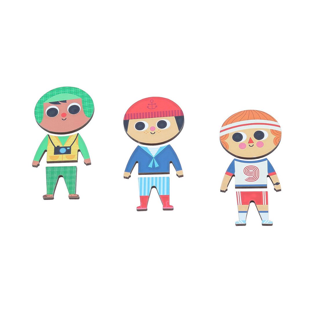 Tre figurer fra puslespil i træ med dreng Jules, flot solidt puslespil i trææske til børn fra 2 år og op, fra Vilac fås hos Nordic Simply