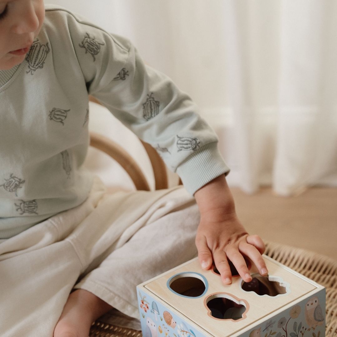 barn leger med blå puttekasse med fire huller til figurer med skovens motiver, perfekt til sorterings og stableleg, fra Little Dutch