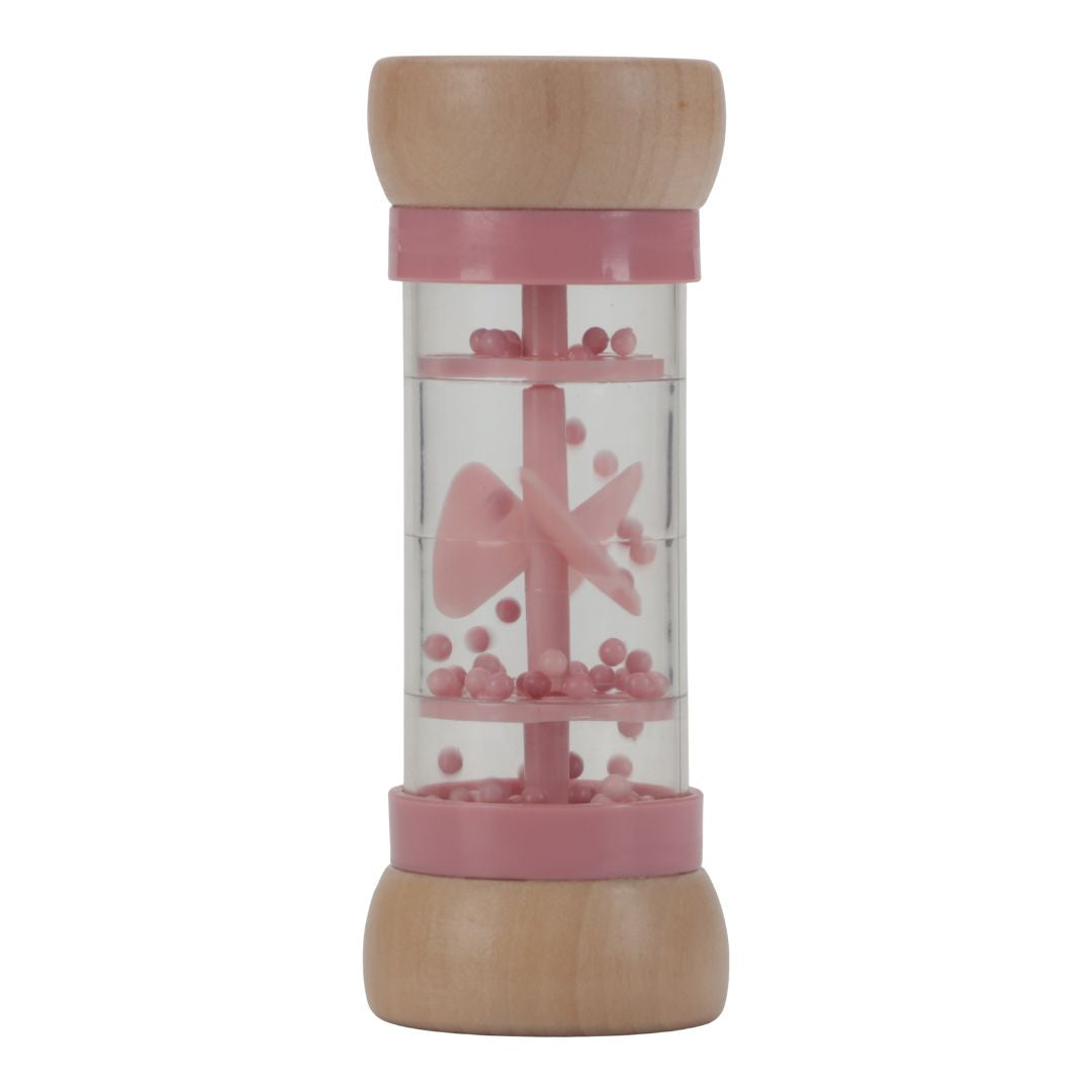 Rosa regnmager fra Little Dutch til baby sanseleg, stimulerer hørelsen med perler og regnlyde.