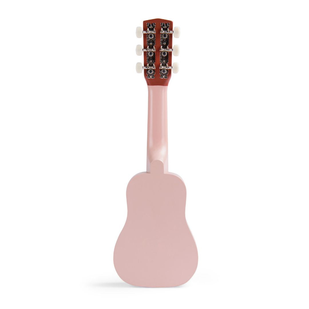 Rosa guitar til børn med smukke illustrationer og 6 metalstrenge fra Moulin Roty, set bagfra, perfekt til spirende musikere.