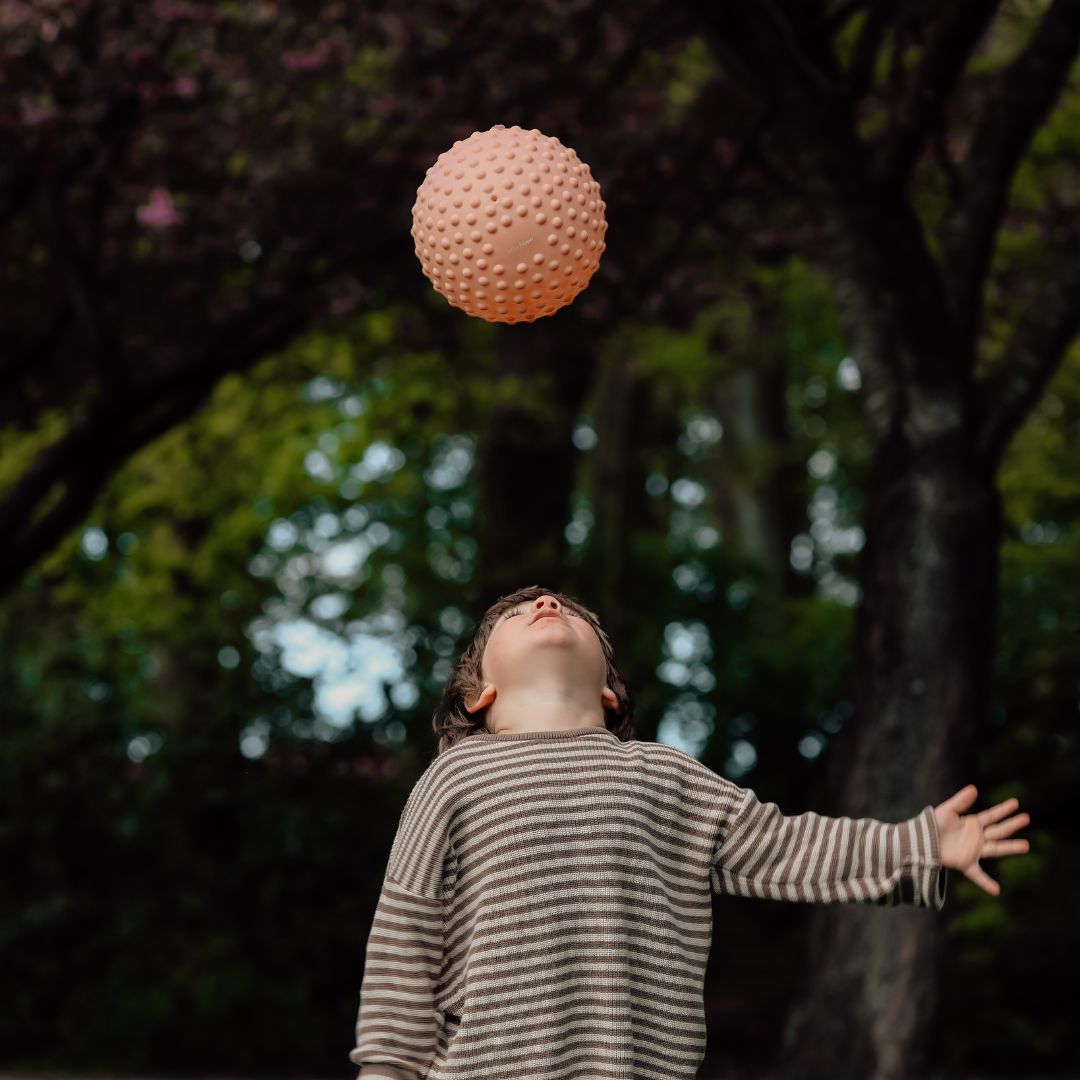 Barn leger med stor rosa sansebold med knopper i naturen, perfekt til sanseleg og motorisk udvikling.