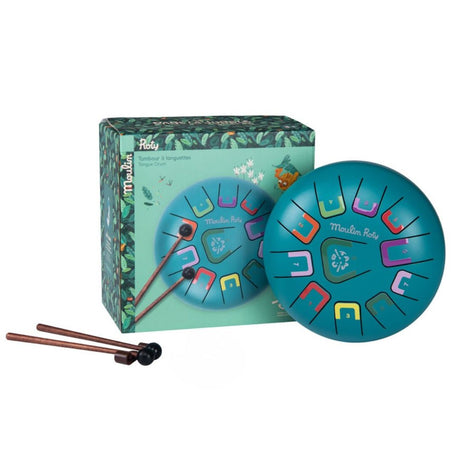 blå sansetromme 20 cm, med blid lyd til børn fra Moulin Roty i æske, fås hos Nordic Simply