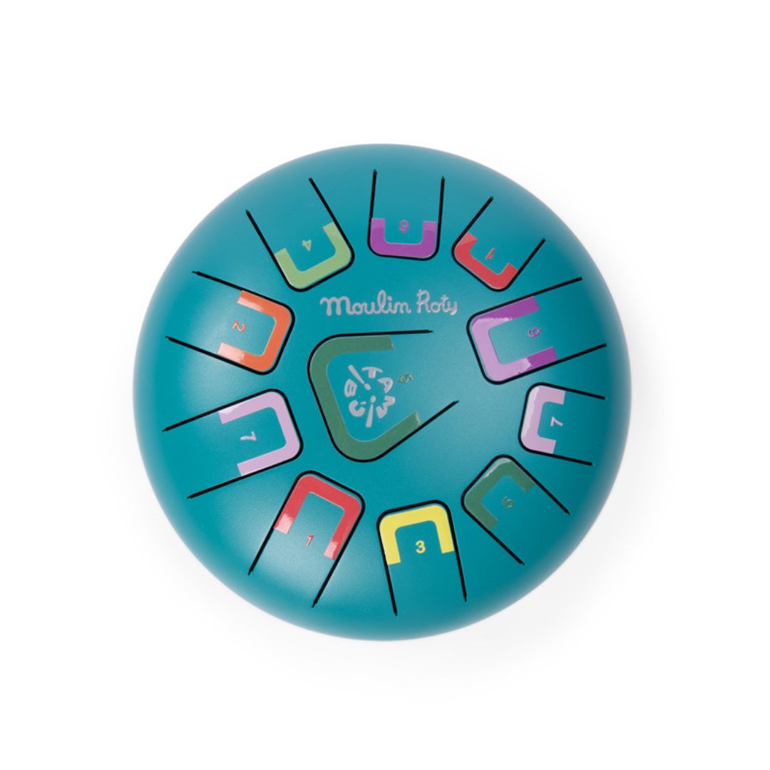 blå sansetromme med blid lyd, beroligende til børn fra Moulin Roty, set oppefra, fås hos Nordic Simply