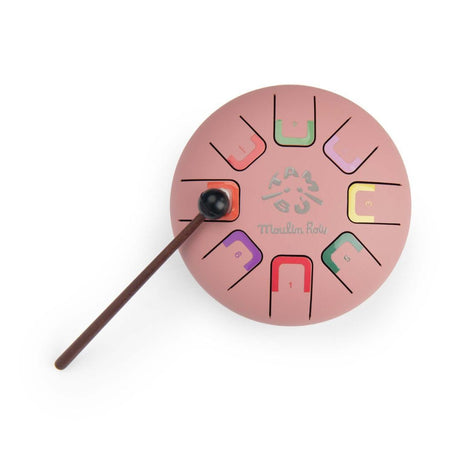 Rosa sansetromme med bløde toner til børn, 15 cm, med 8 fine toner, perfekt til musikleg og sanseudvikling.