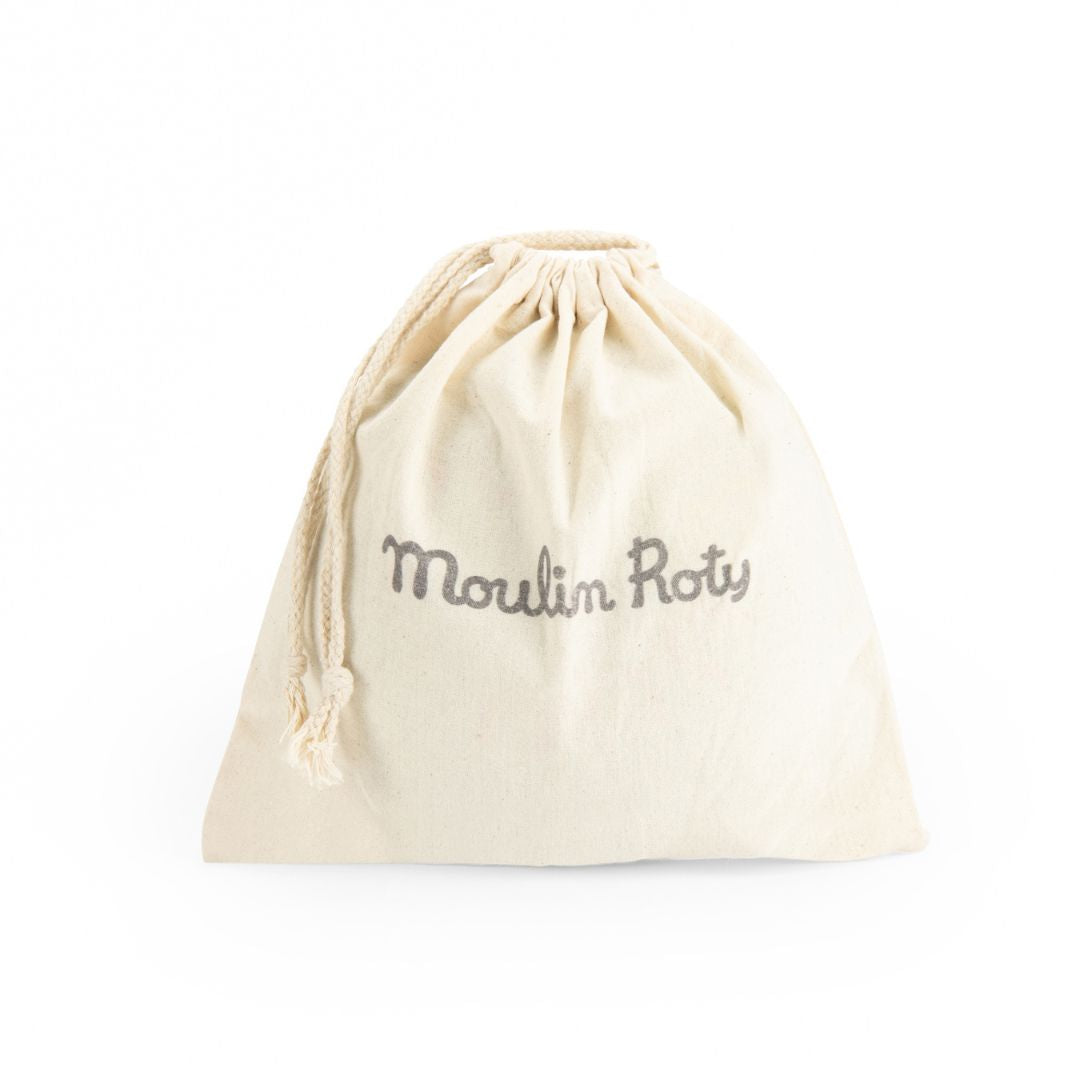 Moulin Roty opbevaringspose i naturfarvet stof med snorelukning.