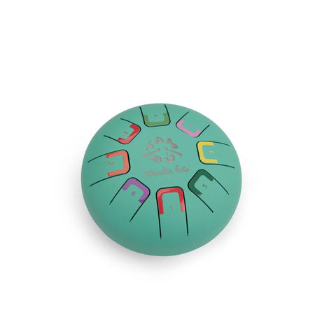 Turkis sansetromme med bløde toner til børn, 15 cm, med 8 fine toner, perfekt til musikleg og sanseudvikling.