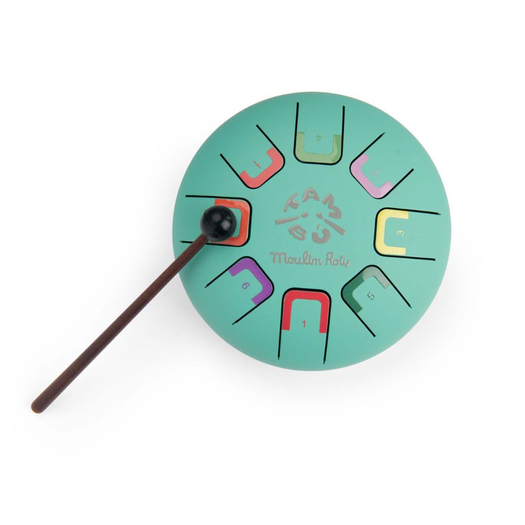 Turkis sansetromme med bløde toner til børn, 15 cm, perfekt til musikleg og sanseudvikling.