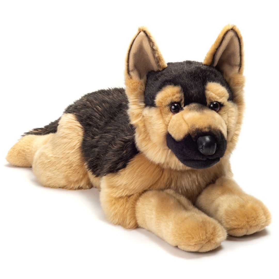 Stor Schäferhund bamse, der ligger, set forfra, ligner ægte brun og sort Schafer fra Teddy Hermann fås hos Nordic Simply