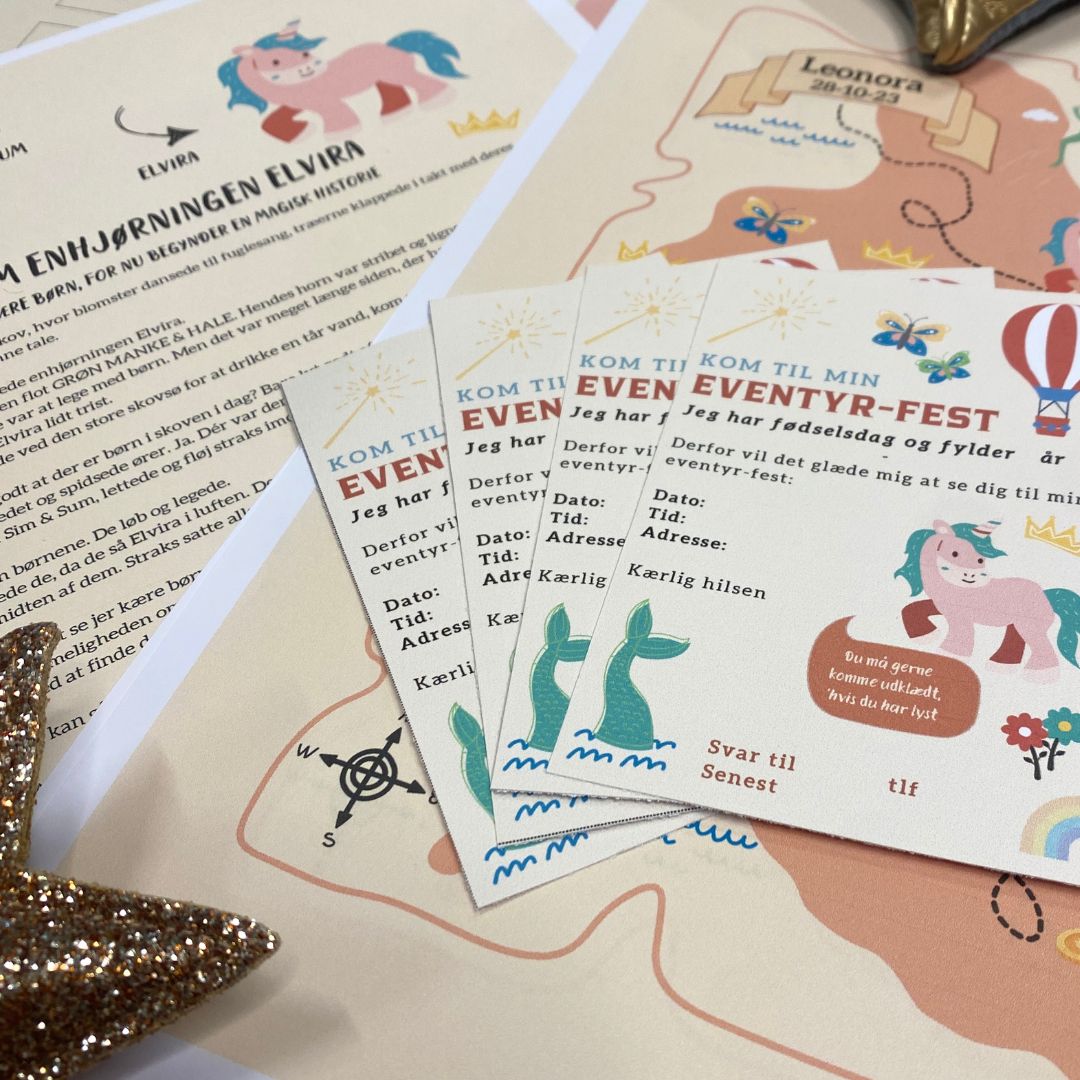 Eventyr-Invitationer til børnefødselsdag, som tilkøb til skattejagt i eventyr-tema print-selv hos Nordic Simply